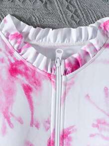 New Vacation Beach Style Tween Girl Ruffled Collar Long Sleeve One-Piece Swimsuit, Summer - Baby Pink - View 3