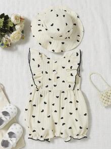 Baby Mädchen Herz Muster Flatterärmel Romper Body mit kleinem Hut, Apricot & Schwarz, Frühling/Sommer