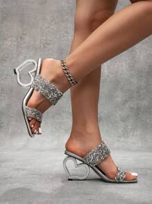 Women's Square Toe Fashionable Sexy Shiny Silver High Heels, Elegant Quality Heart Shaped Heel Open Toe Simple Formal Dress Shoes For Party, Date