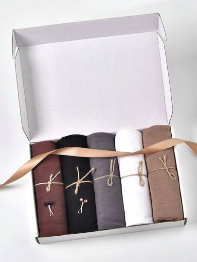 1盒女士针织头巾套装，时尚舒适防紫外线头巾，防滑透气多色组合祈祷头巾，适合节日礼物和日常佩戴（5条头巾+2个头巾夹）