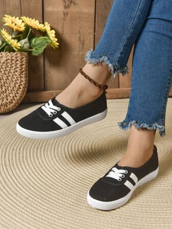 Zapatillas de lona planas con cordones, puntera redonda y slip-on de mujer, zapatos deportivos casuales, color blanco, para primavera y otoño