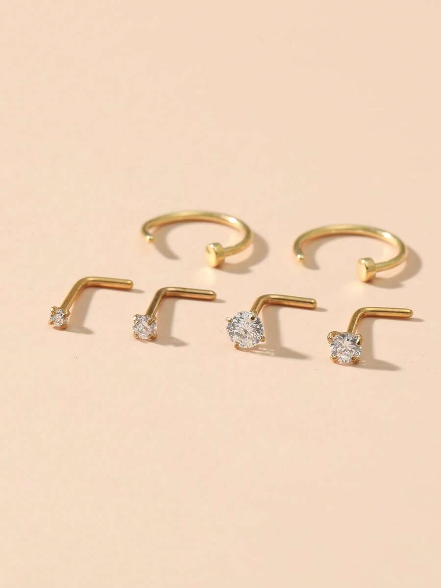6 件不锈钢爪形 CZ 鼻钉/鼻环，L 形迷你鼻环穿孔首饰 - 金黃色 - 查看 1