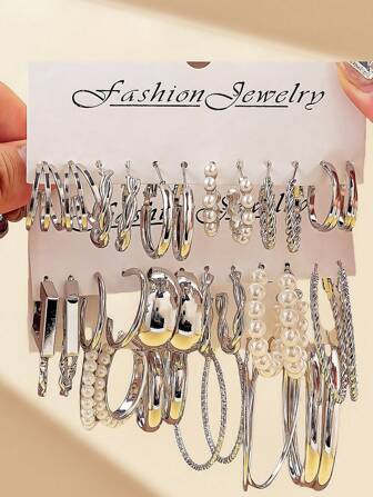 6-18 Pairs/Set New Design Pearl Embellished C Shape Hoop Earrings Set