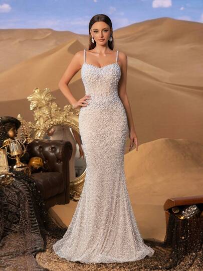 Faeriesty Haute Glamour Elegant Spaghetti Strap Pearl-Embellished Mermaid Gown For Sophisticated Evening & Formal Occasions | Galas, Weddings, Red Carpet, Luxury Parties