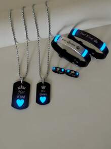 ATLVXJL 6pcs/Set Glow In The Dark Heart I'll Love You Forever Crown Couples Matching Stainless Steel Necklace, Bracelet, Ring Set, Fashion Jewelry, Couples's Commitment Gift, Daily Wear - Multicolor - View 3