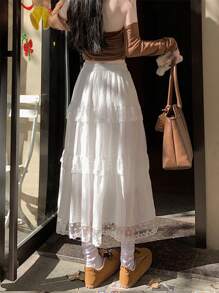 White Lace Trim Cake Skirt For Women, High Waist Slimming A-Line Mid-Length Skirt, Spring 2026 New Arrival