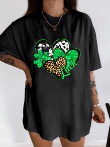 Kurzärmliges Oberteil mit Rundhalsausschnitt in großen Größen, Lässig, alltagstauglich mit Leoparden-Muster, Glücksbringer St. Patrick's Day Damen Grünes Kleeblatt Hemd, Glücksbringer Kurzarm T-Shirt