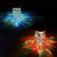Gorgeous Colorful Pattern Mosaic Lantern | Solar Rechargeable, Fits Indoor Tables, Outdoor Gardens & Camping Nights, Stunning Look When Lit - 1pc - View 3