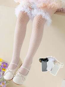 1/2/3 双女童镂空蕾丝边网眼长筒袜，柔软透气时尚过膝袜，春夏 - 彩色 - 查看 1