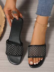 Plus Size Women's Flat French Style Rhinestone Decor Square Toe Slip-On Sandals, Summer - Black - View 2