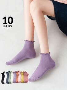 1/10 Pairs Women Spring/Summer Ruffled Ankle Socks,Versatile Candy Color Solid Short Socks, Lace Trim Boat Socks