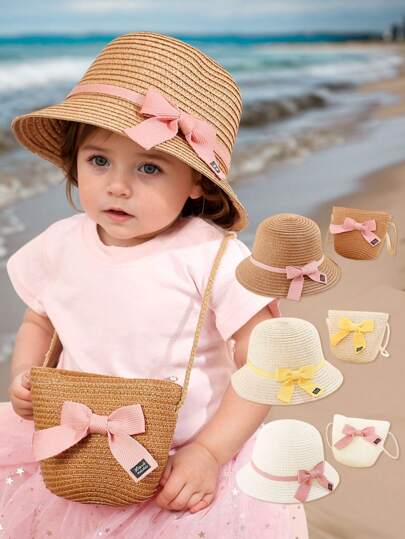 2pcs Lightweight Breathable Baby Straw Sun Hat With Bow & Crossbody Bag Set UV Protection For Beach Vacation & Daily Wear