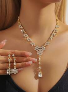 3pcs Set Fashion Long Tassel Artificial Crystal Pendant Necklace & Earrings Set, Gold, Suitable For Women Wedding, Party Wear And Holiday Gifts