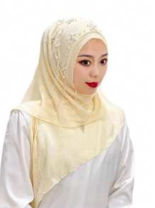 1pc Malaysian Tasseled Solid Color Beaded Floral Shawl Scarf Head Wrap, Elastic Turban Style, Muslim Headwear