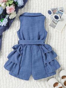 少女春季无袖牛仔效果纽扣和荷叶边连体衣 - 中等水洗藍 - 查看 2