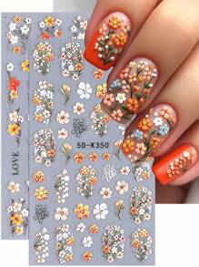 5D 彩色花朵浮雕指甲贴纸 2 件多色白色橙色雏菊郁金香花卉花瓣叶子 DIY 春夏雕刻自粘凝胶抛光贴花滑块沙龙美甲装饰指甲用品