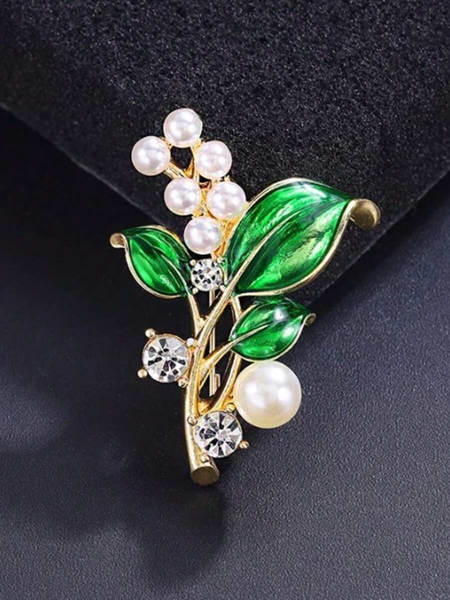 Plant-Shaped Faux Pearl Enamel Green Leaf Brooch, Creative Minimalist Green Plant Clothing Accessory Pins For Women - Green - View 1