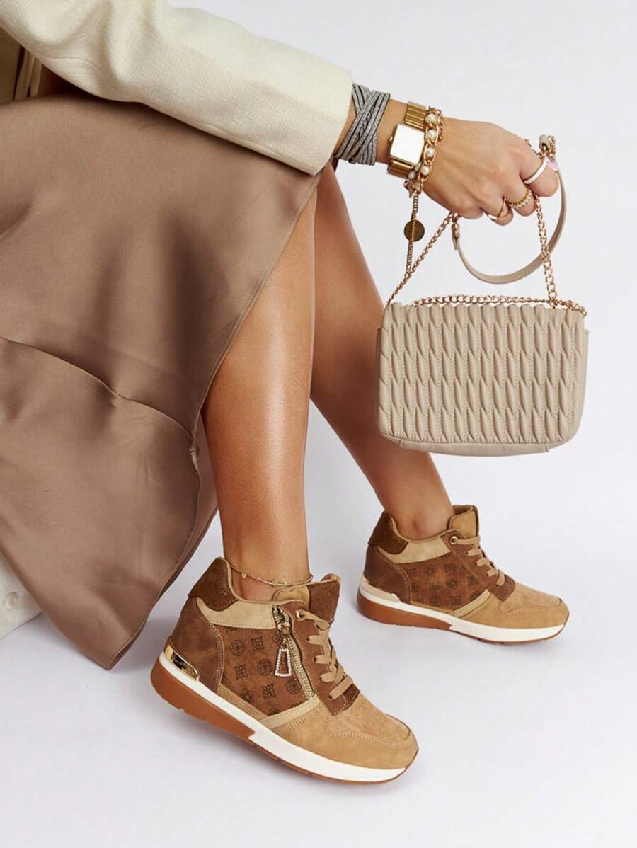 Brown Platform Sneakers, Minimalist Fashion Casual Everyday Wear - Brown - View 1