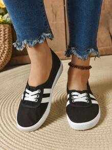 Zapatillas de lona planas con cordones, puntera redonda y slip-on de mujer, zapatos deportivos casuales, color blanco, para primavera y otoño