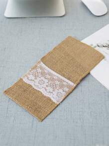 5pcs/15pcs Linen Cutlery Bag, 8.6*4.3in, Beige Coarse Burlap, Lace Silverware Holder, Flax Knife And Fork Cutlery Bag, Suitable For Vintage Country Wedding Party,Christmas