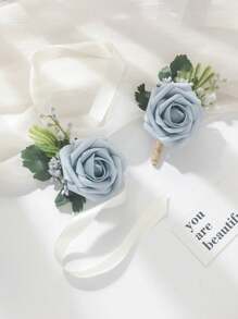 2 件玫瑰花配人造绿植胸花和腕带套装，浪漫森系风格，适合婚礼、正式活动、派对和典礼 - A - 查看 4