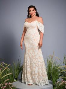 Đầm dài đuôi cá dáng ôm bó sát màu khối sequined Mgiacy tay hở dây mảnh cỡ lớn, váy cưới, cô dâu - trắng - Xem 6