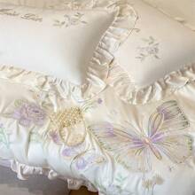 4pcs Soft, Silky Satin Bedding Set With Delicate Butterfly & Floral Embroidery And Trim, Comfortable Bed Linens, Smooth & Cool Touch, Machine Washable (1 Duvet Cover, 2 Pillowcases, 1 Bed Sheet, Excludes Comforter & Pillow) - Magic Butterfly-white - View 7