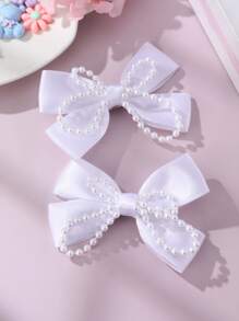 2 piezas/6 piezas Pinzas para el cabello con lazo y perla para niñas - Blanco - Ver 9