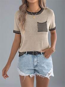 Women's Round Neck Colorblock Striped Pocket Short Sleeve Knit Beach Vacation Top, Summer - Khaki - View 5