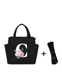 White Letters A~Z Printed With Flowers Lunch Bag For Women Men,With A Black Cutlery Storage Bag, Leakproof Insulated Soft Large Lunch Cooler Bag - Reusable Lunch Bag ,Solid Color Tableware Storage , Leak-Proof Portable Fabric Tableware Bag