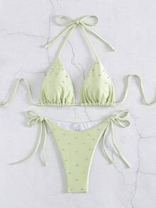 New European & American Style Women Rhinestone Embellished Bikini Swimwear Set - Green - View 3