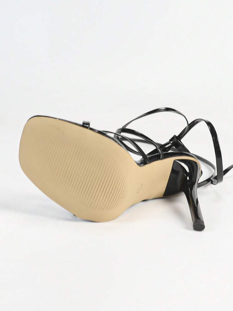 Women's Fashion High Heel Shoes, PU Leather Flat Strap Sandals, Strappy Wrapped Around Ankle Sandals, Toe-Thong Sandals, Classic Square Toe Sandals, Black Lacquered Heel Sandals, Thin Heel Sandals, Summer Outdoor Regular High Heel Sandals, Women Black Sandals - Black - View 9