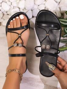 Sandalias planas con tira de cuentas de estilo bohemio de verano para mujer, sandalias de playa casuales sencillas y versátiles de moda
