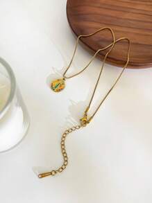 1 件春季新款时尚女士不锈钢彩色吊坠项链，大象、鱼、蝴蝶、圆形吊坠设计，手工珐琅釉制作，时尚简约奢华日常百搭多层女士项链 - 金色 - 查看 5