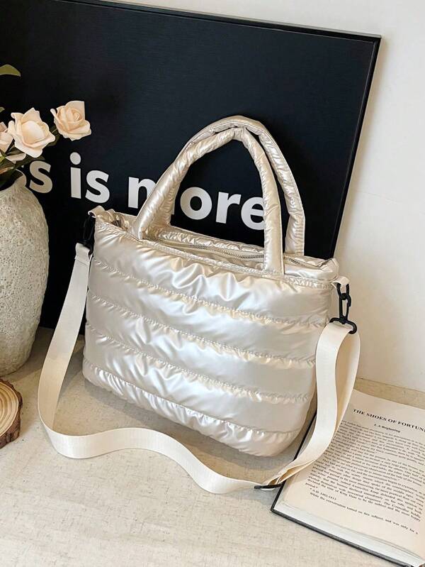 1 Peça Bolsa Tote Acolchoada de Cor Sólida para Mulheres, Fechamento com Zíper de Grande Capacidade, Dobrável, Estilo Casual de Rua, Inverno