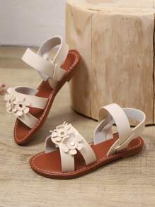 1 Pair Plus Size Toddler Girls Ivory White Flat Sandals, Solid PU Material, Shiny Rhinestone Flower Decor, Elastic Back Strap, Round Toe, Fashion Luxury Cute Flat Sandals Suitable For 3-15 Years Old Girls Daily, Party, Travel, Spring/Summer 2025