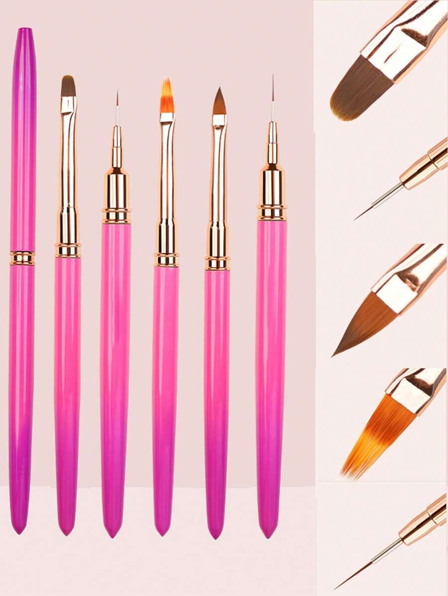 5PCS Nail Tools Rose Red Gradient Line Pen Drawing Lines Round Head Light Therapy Pen A Variety Of Styles Combined Brush - Hot Pink - View 1