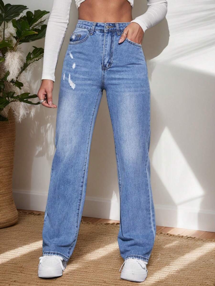 Jesns holgados con rotos y lavados para mujer, Pantalones Vaqueros de mezclilla rectos informales , moda versátil y - Azul lavado medio - Ver 1