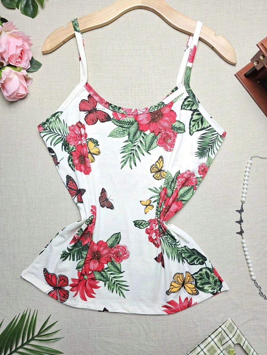 FASHION Women's Tank Top Plus Size Straps G1 Stretches Well NEW Prints - 蝴蝶 白 - 查看 1