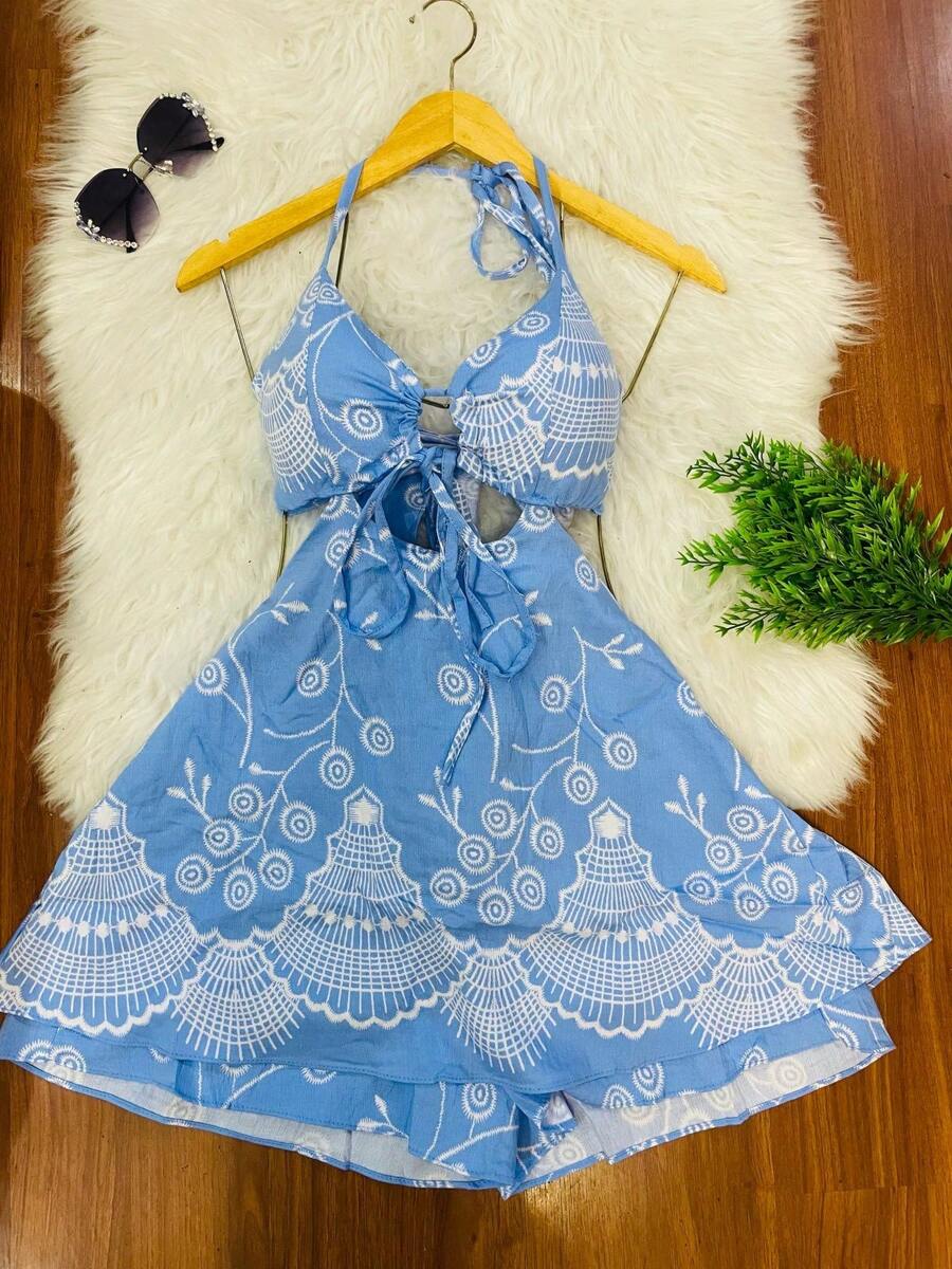 Belala Moda New Jumpsuit Inside With Shorts, You Can Tie It, With Elastane And With Print - Màu xanh lam - Xem 1