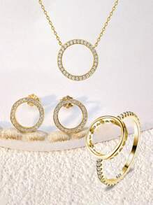 1pc 925 Pure Silver Necklace,1pc 925 Pure Silver Ring, 1 Pair 925 Of Pure Silver Earrings Jewelry Set, Featuring An Anti-Allergenic Design With A Simple Yet Elegant Hollow Circle, Highlighting Your - Style 3 - View 9