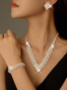 1 条项链、1 个耳环、1 条手链 - 奢华水钻爪链项链、耳环、手链新娘首饰套装 - 适合女性日常佩戴、婚礼、派对等。 - 金色 - 查看 1