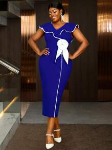 Plus Size Spring Blue Easter Bodycon Cape Sleeves Color Block White 3D Flower Elegant Party Birthday Wedding Dresses For Women,Back To School - Blue - View 6