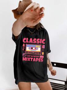 Plus Size Crew Neck Short T-Shirt Simple Letters Music Festival Radio CLASSIC MITXTAPES Casual Everything Perfect For Sports Everyday Wear Perfect For Spring And Summer