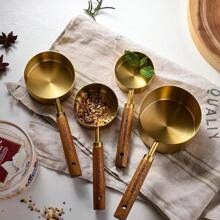 4 pièces Set de tasses et de cuillères de mesure dorées avec poignées en bois de rose, ensemble d'ustensiles de cuisine de cuisson, accessoires de cuisine