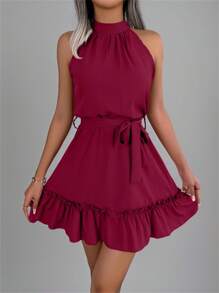 New Wine Red Solid Color Lace-Up Casual Sleeveless Ruffle Hem Halter Neck Dress For Spring/Summer - Burgundy - View 1