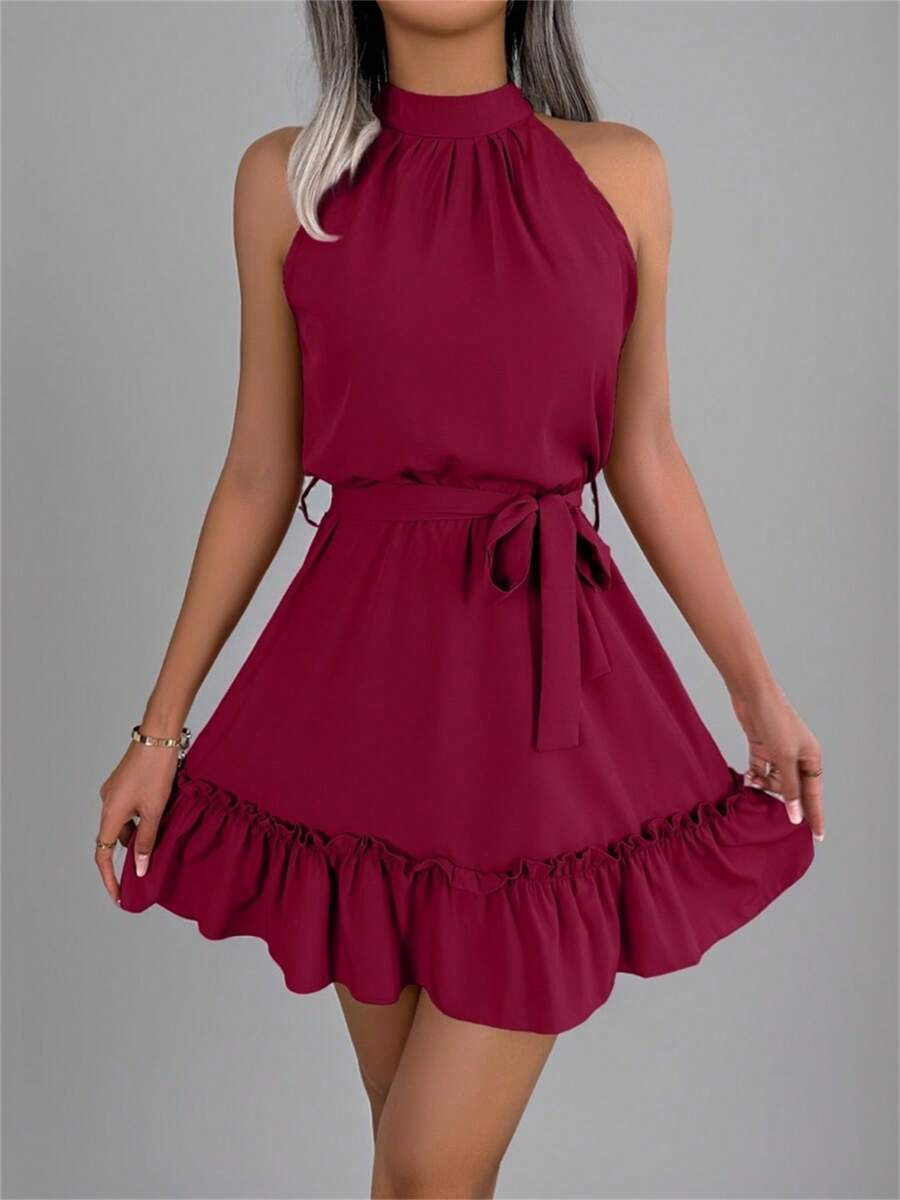 New Wine Red Solid Color Lace-Up Casual Sleeveless Ruffle Hem Halter Neck Dress For Spring/Summer - Burgundy - View 1