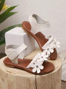 1 Pair Girls' Beige Flat Sandals, Soft PU Woven Upper With Shiny Rhinestone Flower Decor, Classic Strap Design Open Toe Fashion Casual Beach Sandals, Suitable For 3-12 Years Old, Spring/Summer New Arrival - Beige - View 5