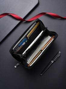 SHABILI 1pc Plain Color PU Leather Large Capacity Zipper Wallet Business Clutch Bag Suitable Commute And Daily Use Wallet Purse Wallet Long Wallet Wallet Wristlet - Dusty Blue - View 3