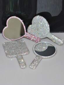 1pc Rhinestone Series, Diamond-Studded Heart-Shaped/Round/Square Mirror, Portable Handle Mirror, Makeup Handheld Mirror, Cute Small Mirror, Hand-Held Mirror